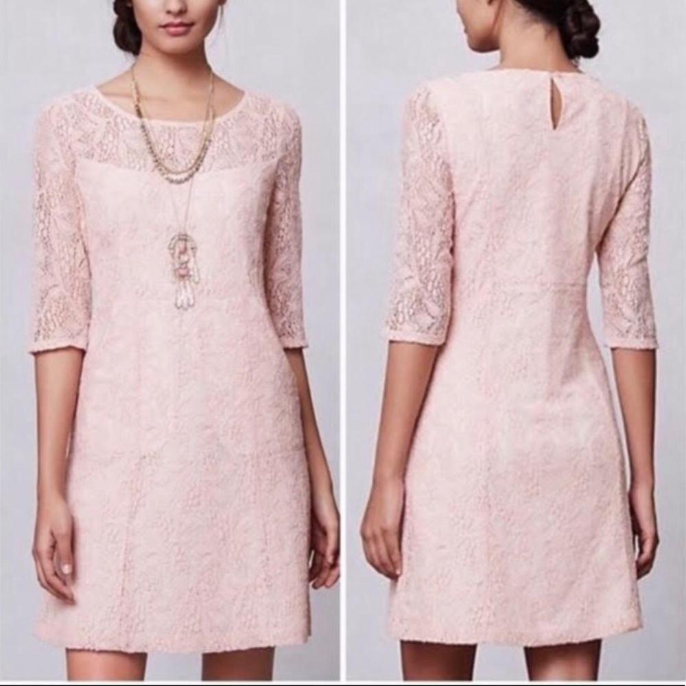 Anthropologie, Maeve light, peachy pink lace dress with pockets.